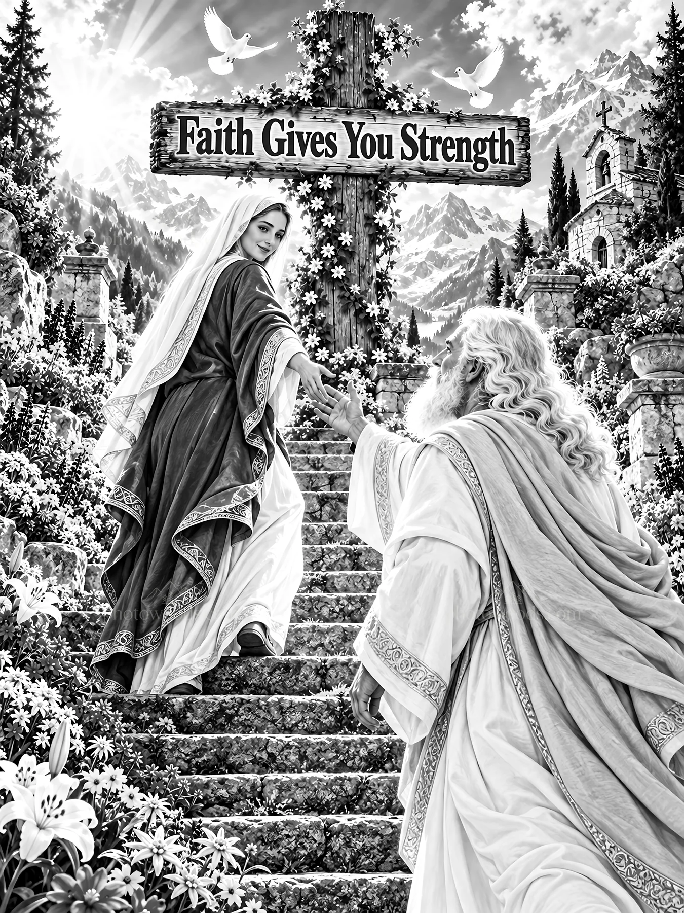 Jesus Christ reaches out to guide a person on a path - AI-generated stock image