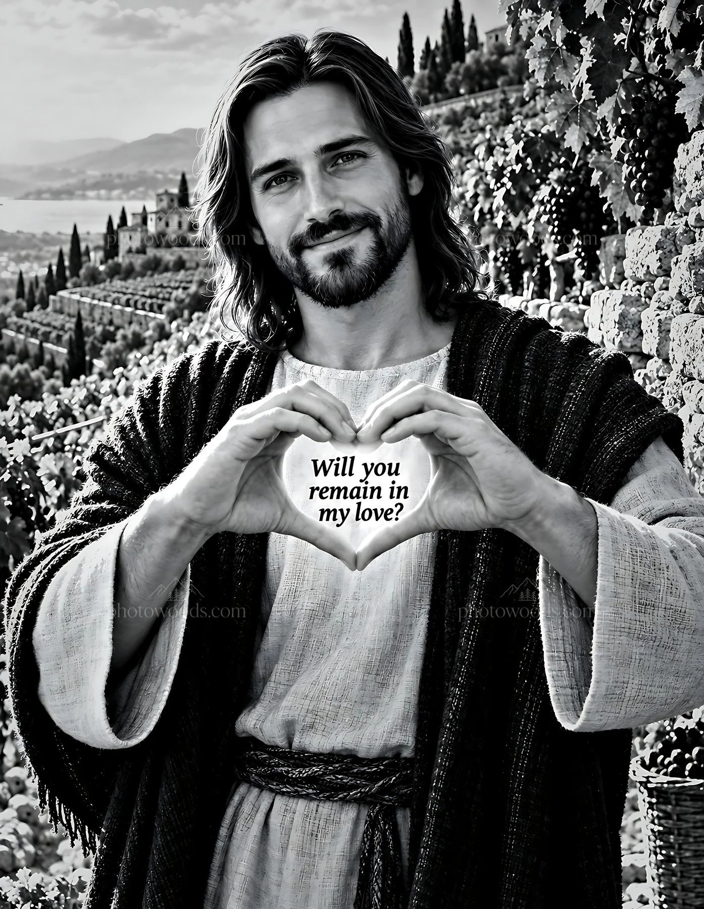Man holding heart with message in old vineyard setting - AI-generated stock image