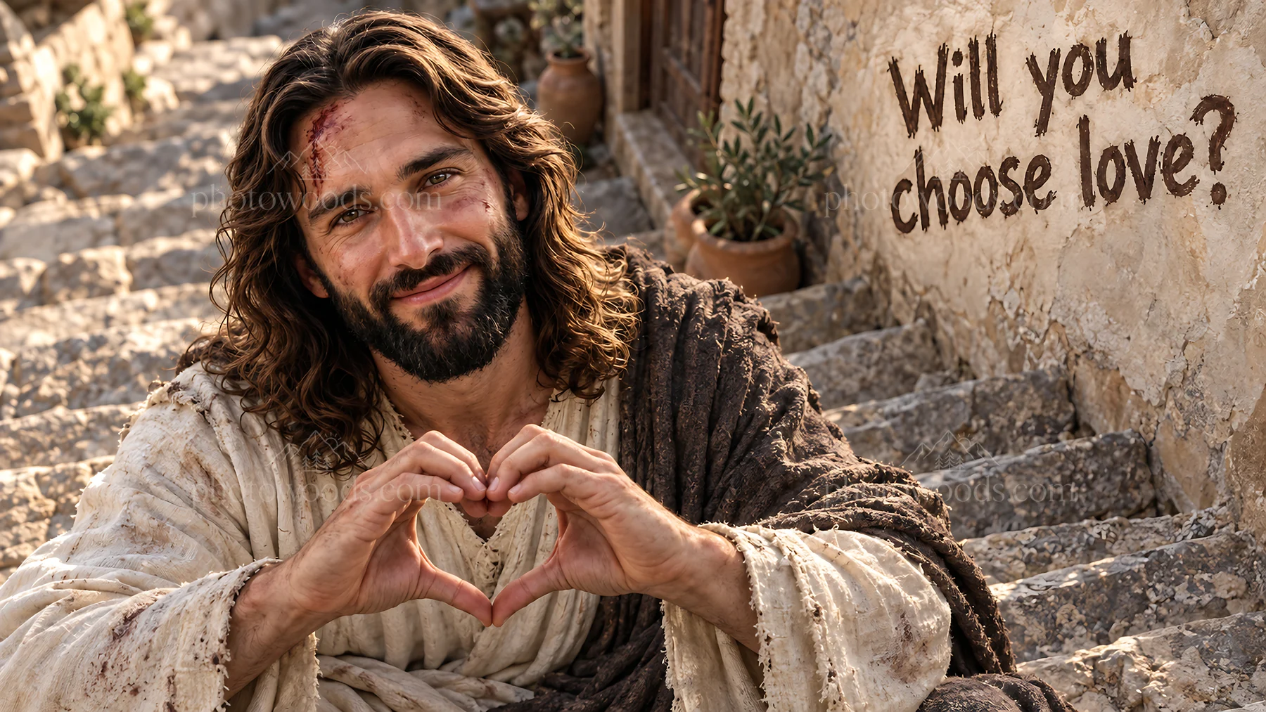 Jesus Christ inviting viewers to choose love - AI-generated stock image
