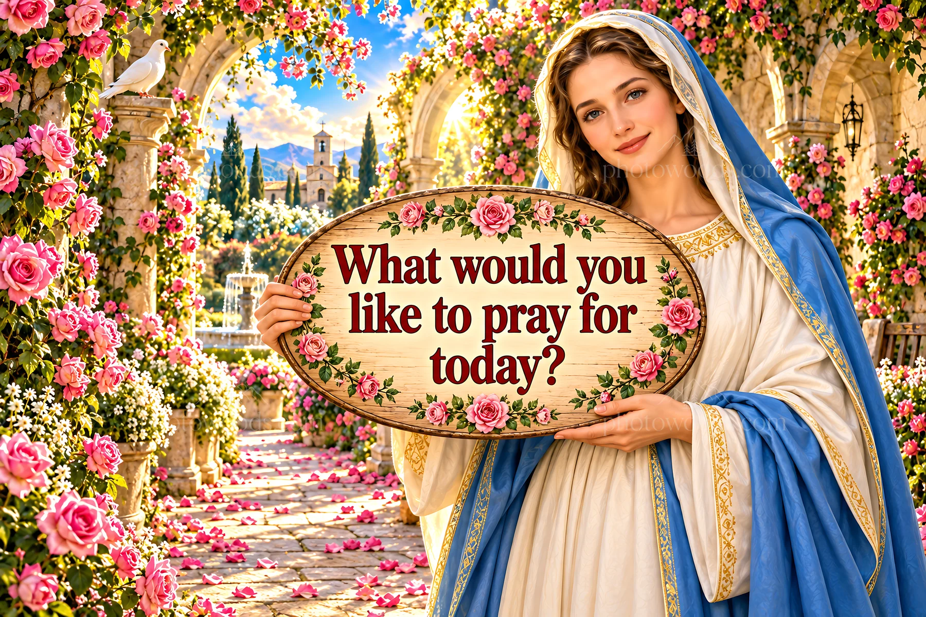 Jesus Christ inviting prayer in a garden setting - AI-generated stock image
