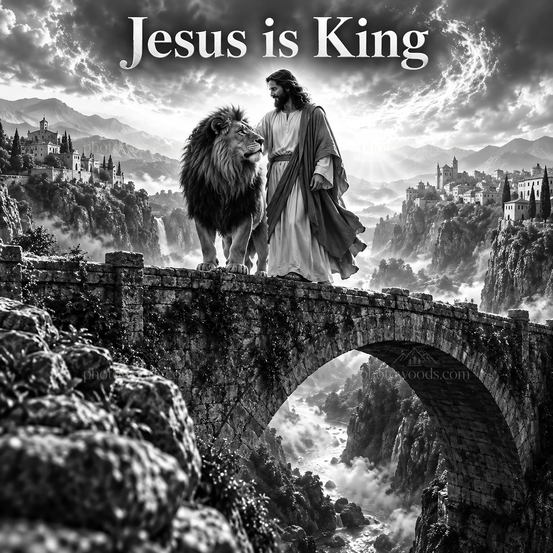 Jesus Christ walking with a lion on a bridge - AI-generated stock image
