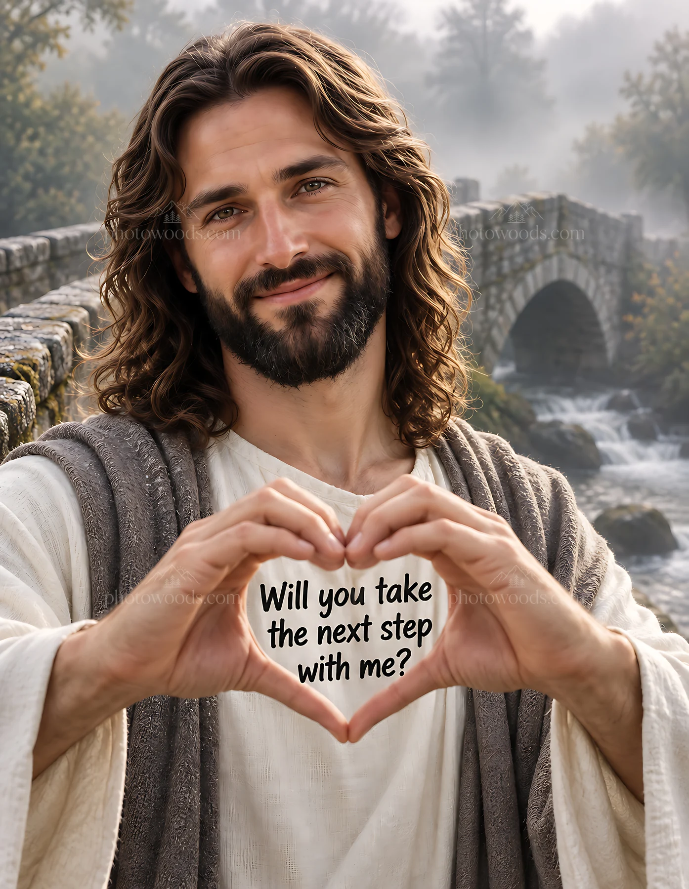 Bridge in the mist with person forming heart shape - AI-generated stock image