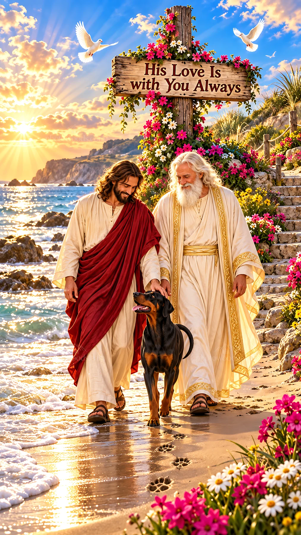 Jesus Christ walking along the shore with a companion and dog - AI-generated stock image