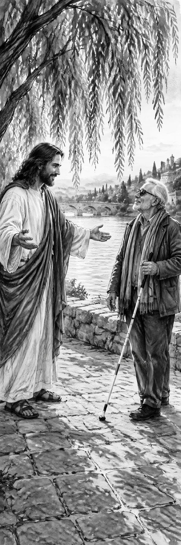 Jesus Christ comforting a blind man near a river - AI-generated stock image
