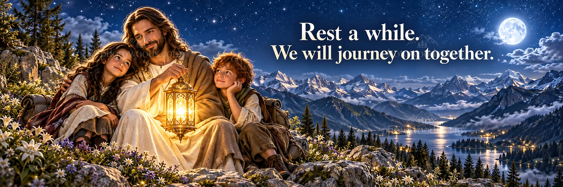 Jesus Christ comforting children in a serene mountain setting - AI-generated stock image
