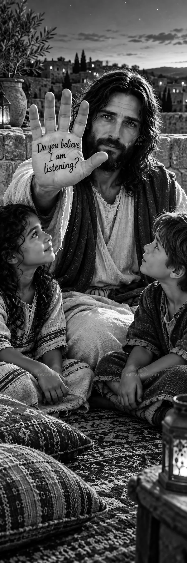 Jesus Christ interacting with children and inviting belief - AI-generated stock image