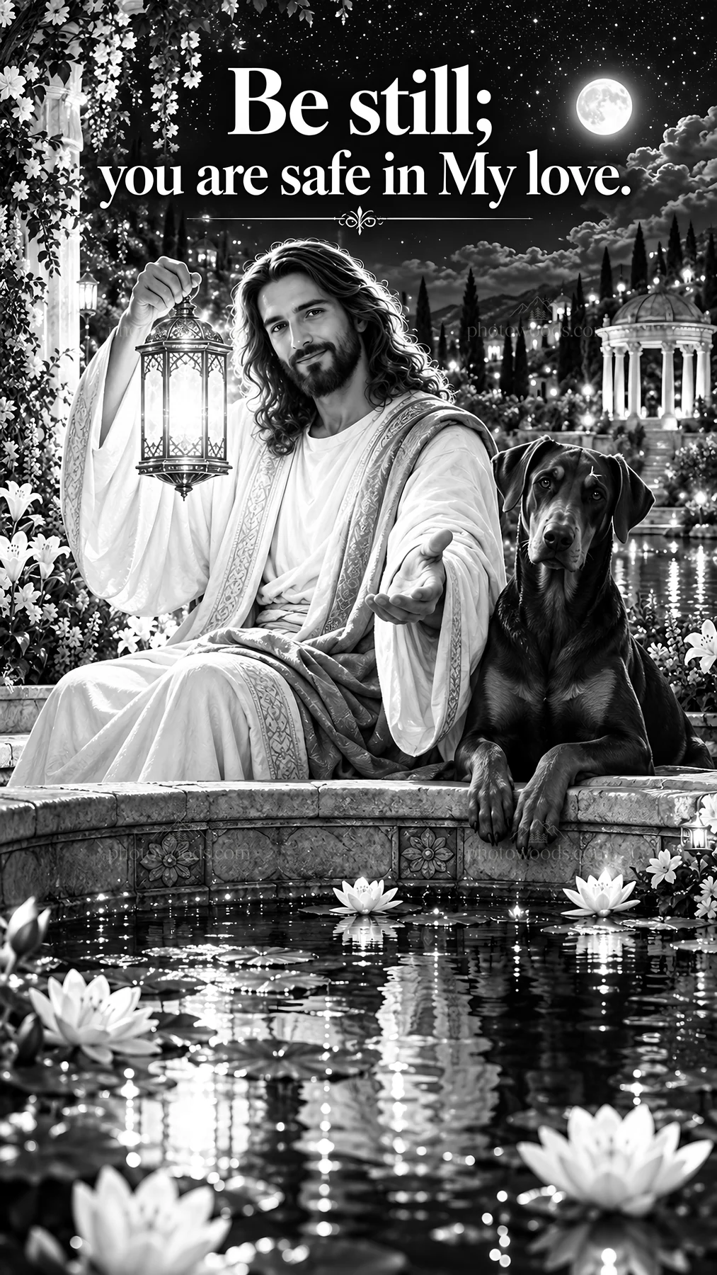 Jesus Christ offers comfort with a lantern and a dog - AI-generated stock image