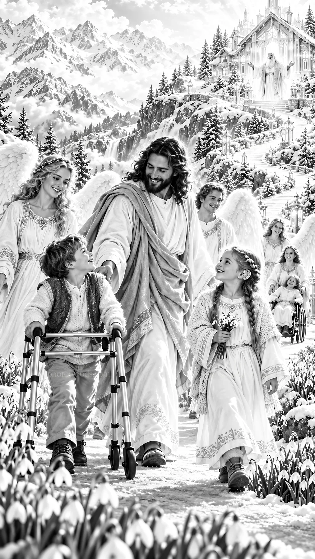 Jesus Christ walking with children in a beautiful garden - AI-generated stock image