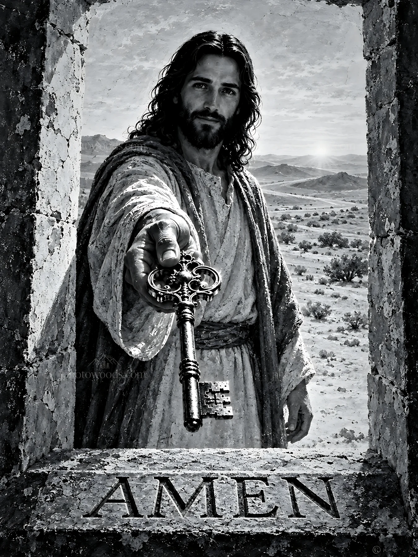Doorway to the desert with figure holding a key - AI-generated stock image