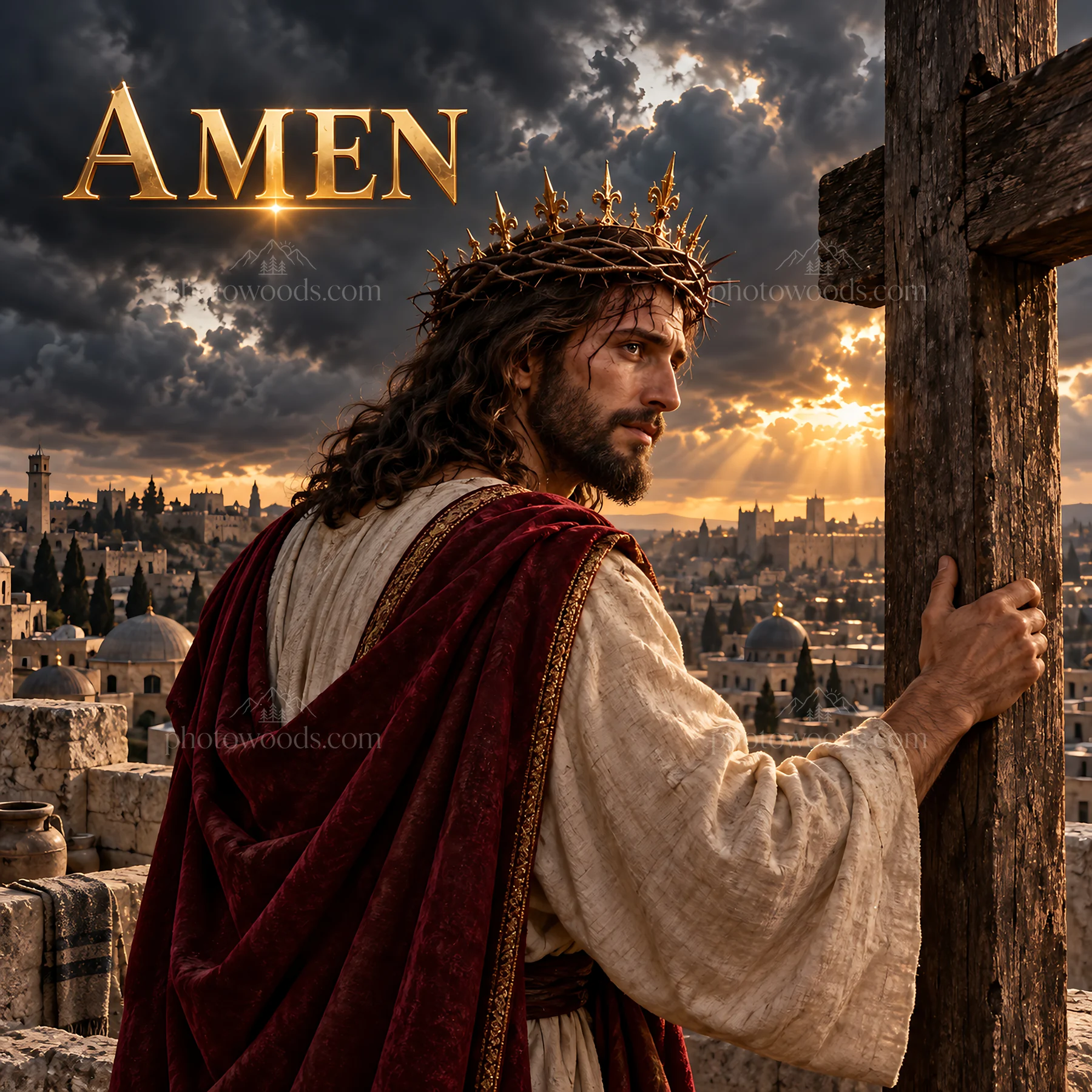 Jesus Christ with a cross in Jerusalem at sunset - AI-generated stock image