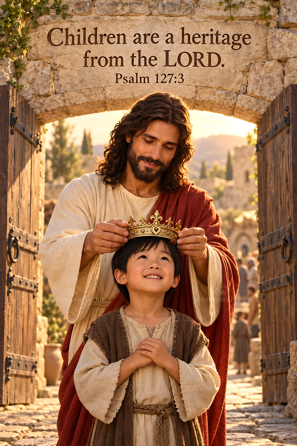 Royal welcome at the gate with a crown for a child - AI-generated stock image