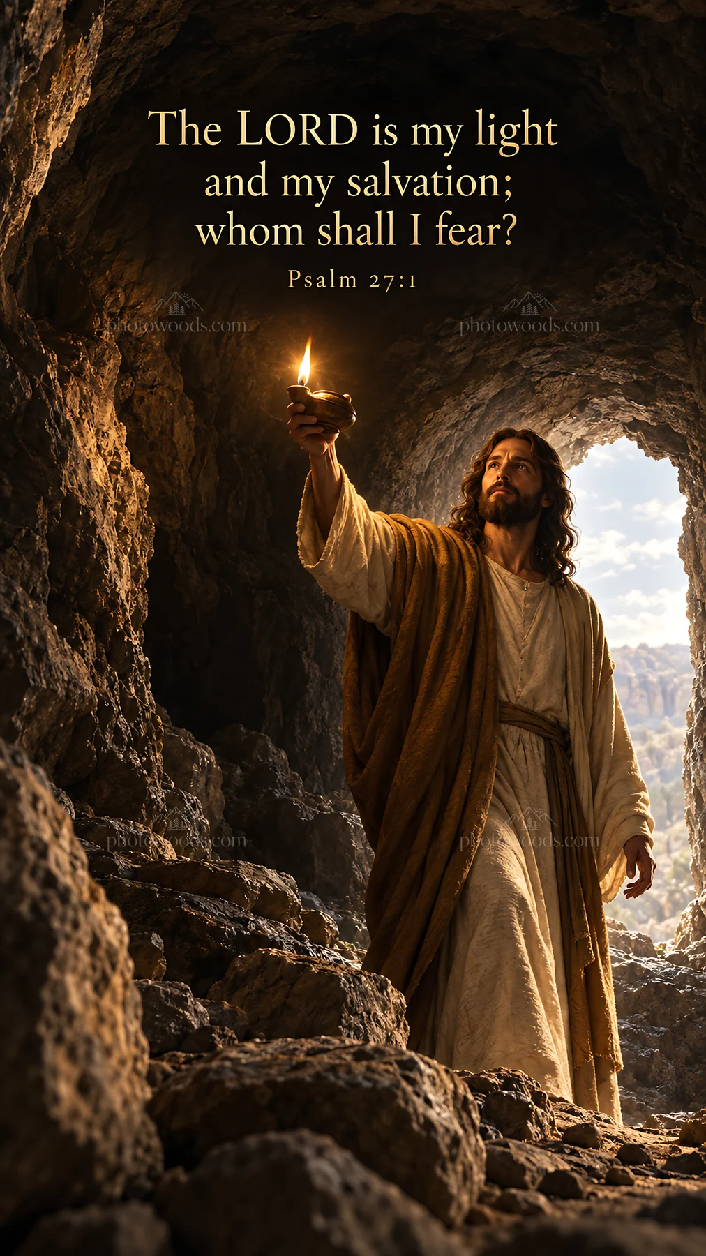 Jesus Christ holding a light in a dark cave setting - AI-generated stock image