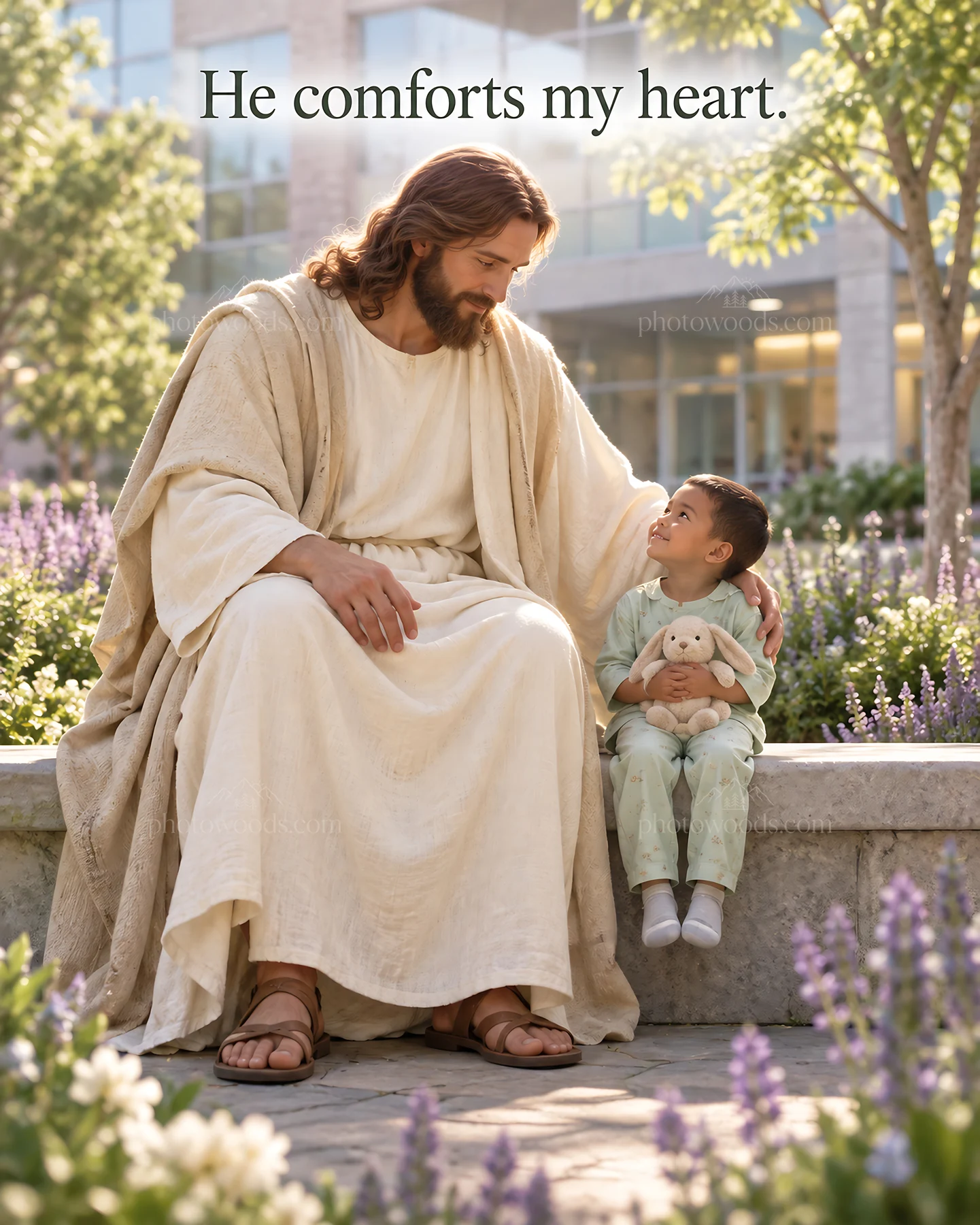 Jesus Christ comforts a child in a garden setting - AI-generated stock image