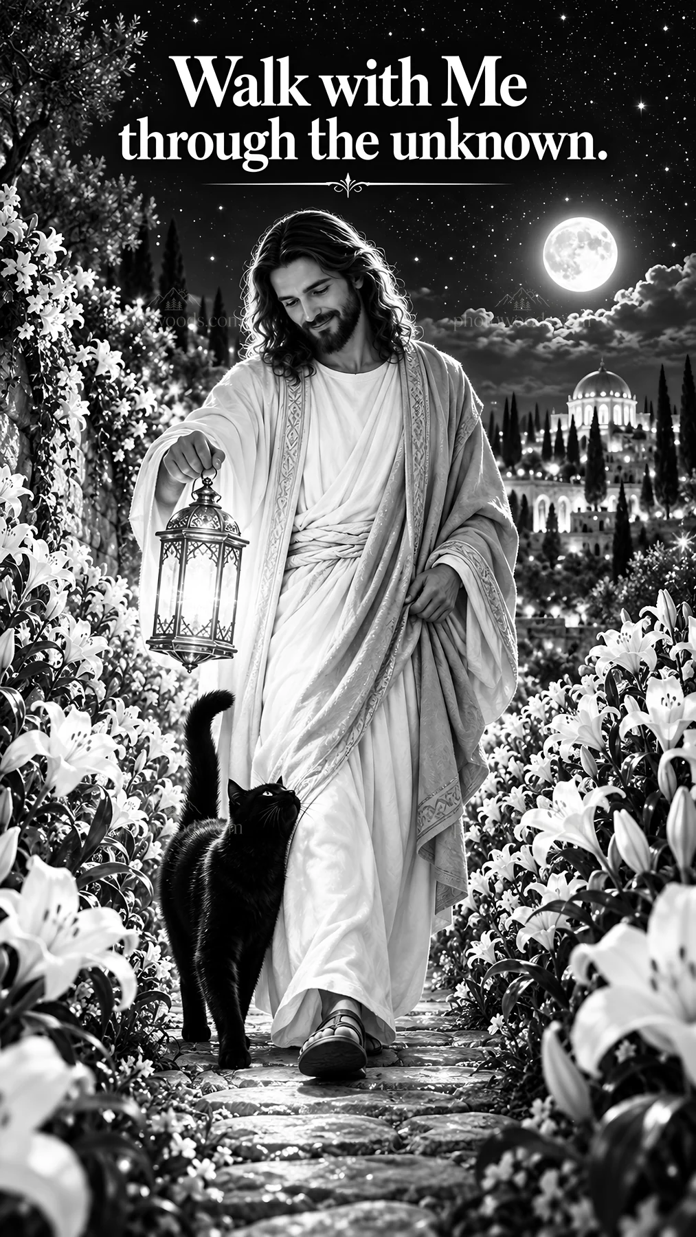 Jesus Christ walking with a lantern in a garden - AI-generated stock image