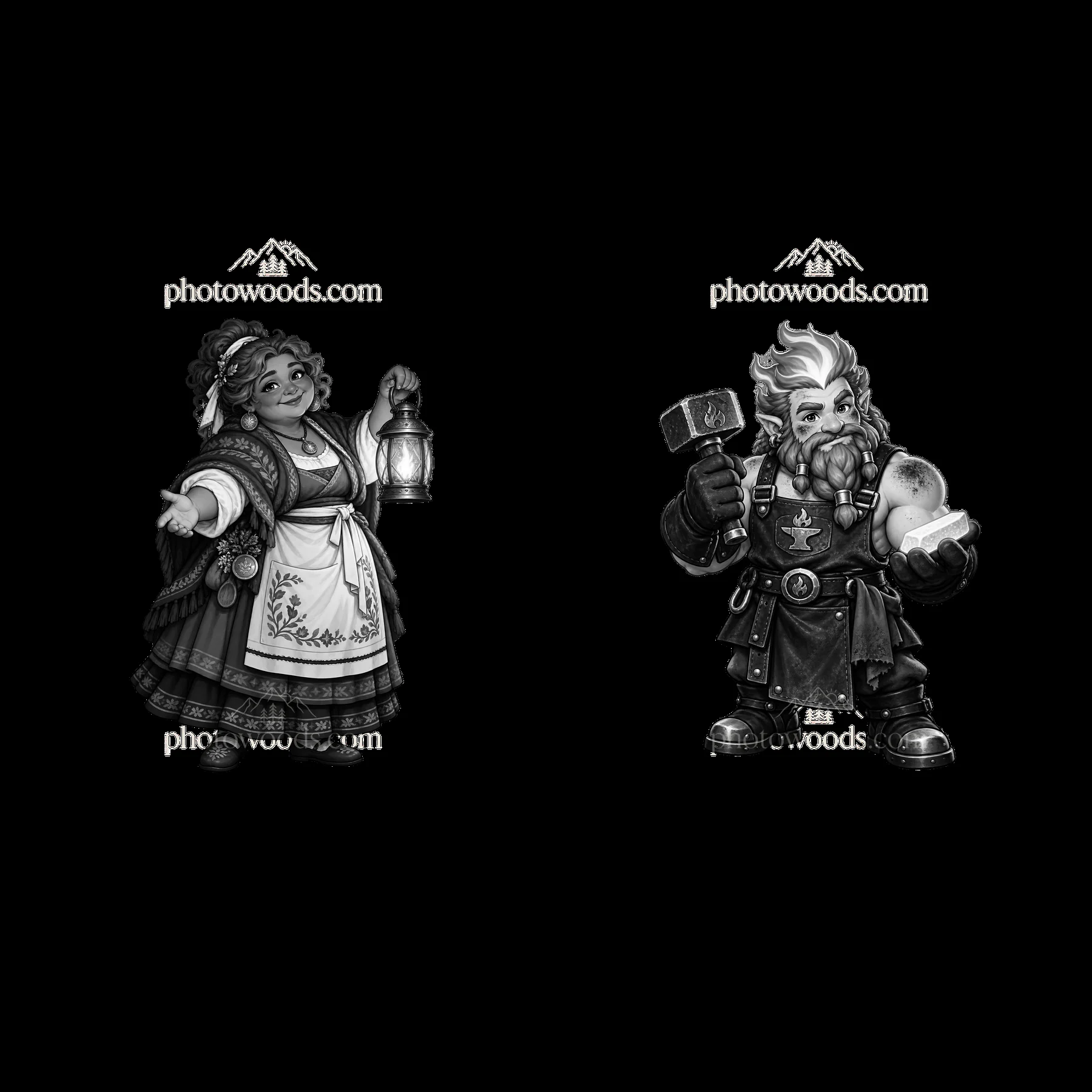 Pagan gods with lantern and hammer in monochrome illustration - AI-generated stock image