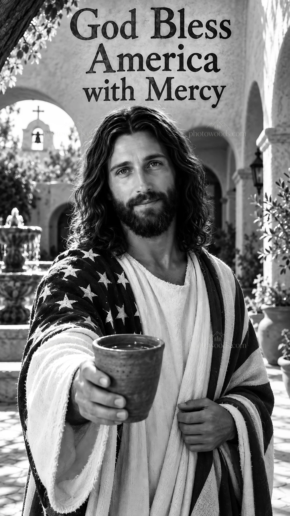 Jesus Christ offering a cup of mercy in a contemporary setting - AI-generated stock image