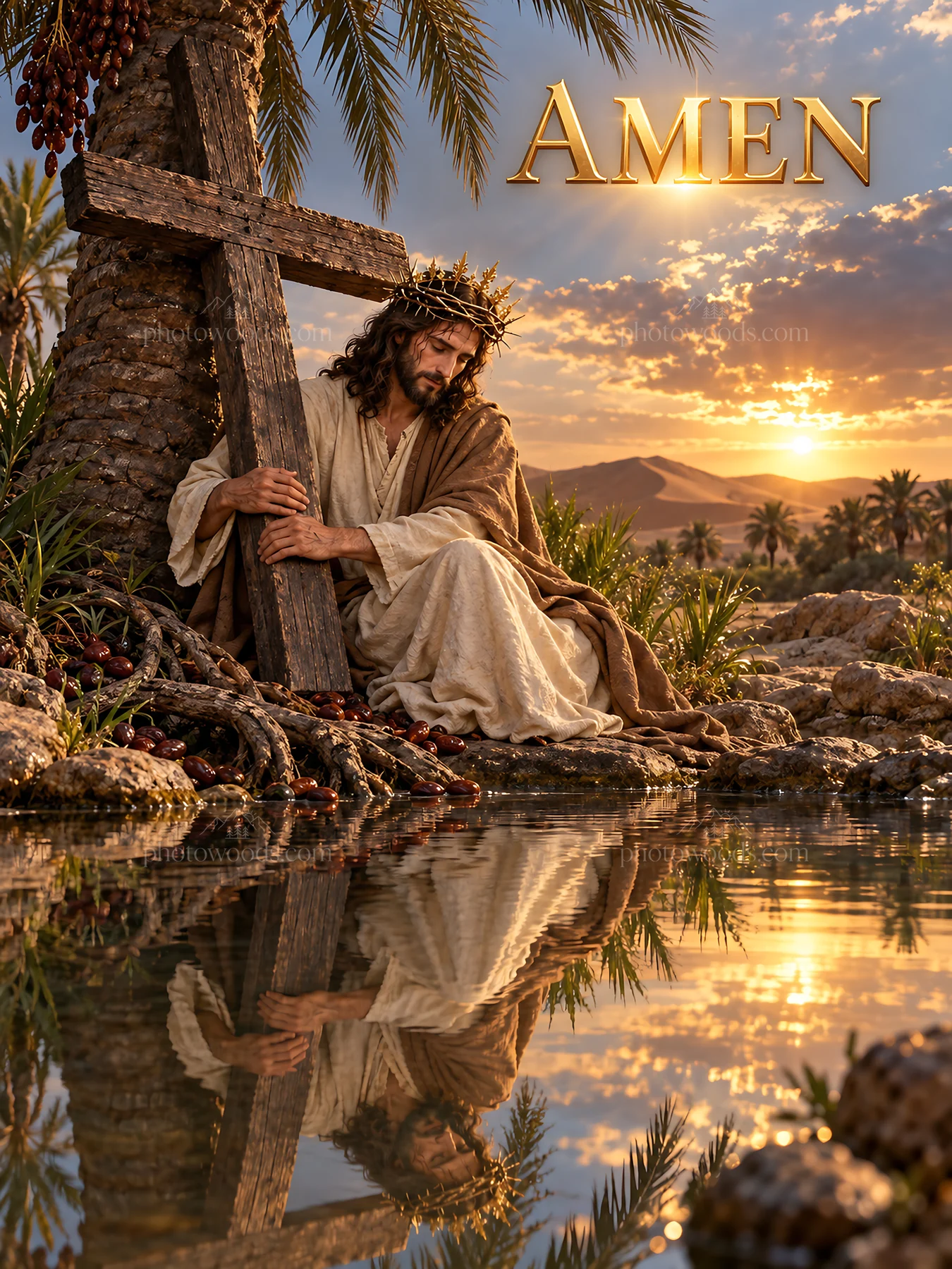 Jesus Christ holding a cross in a serene landscape at sunset - AI-generated stock image