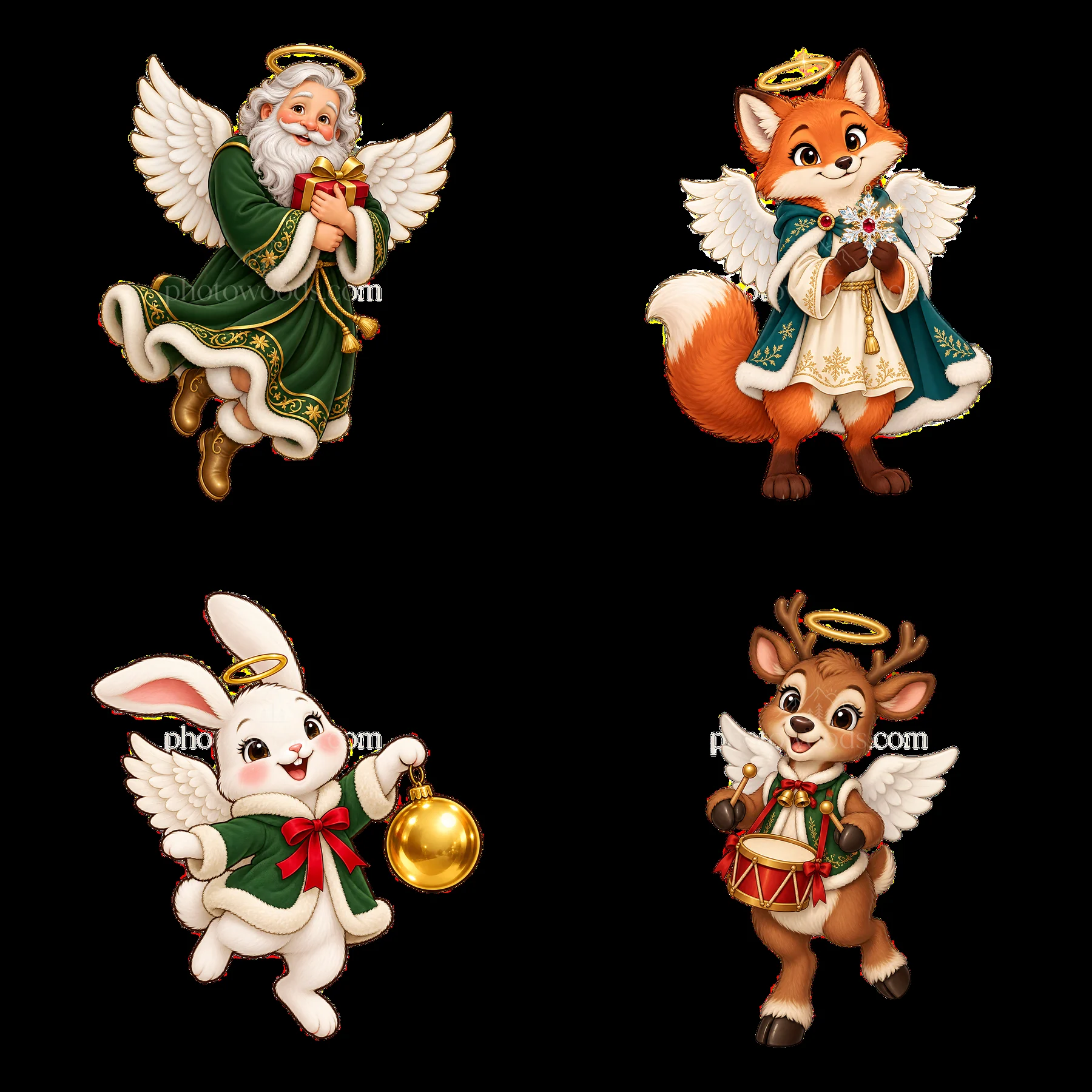 Christmas angel characters with gifts and festive outfits - AI-generated stock image