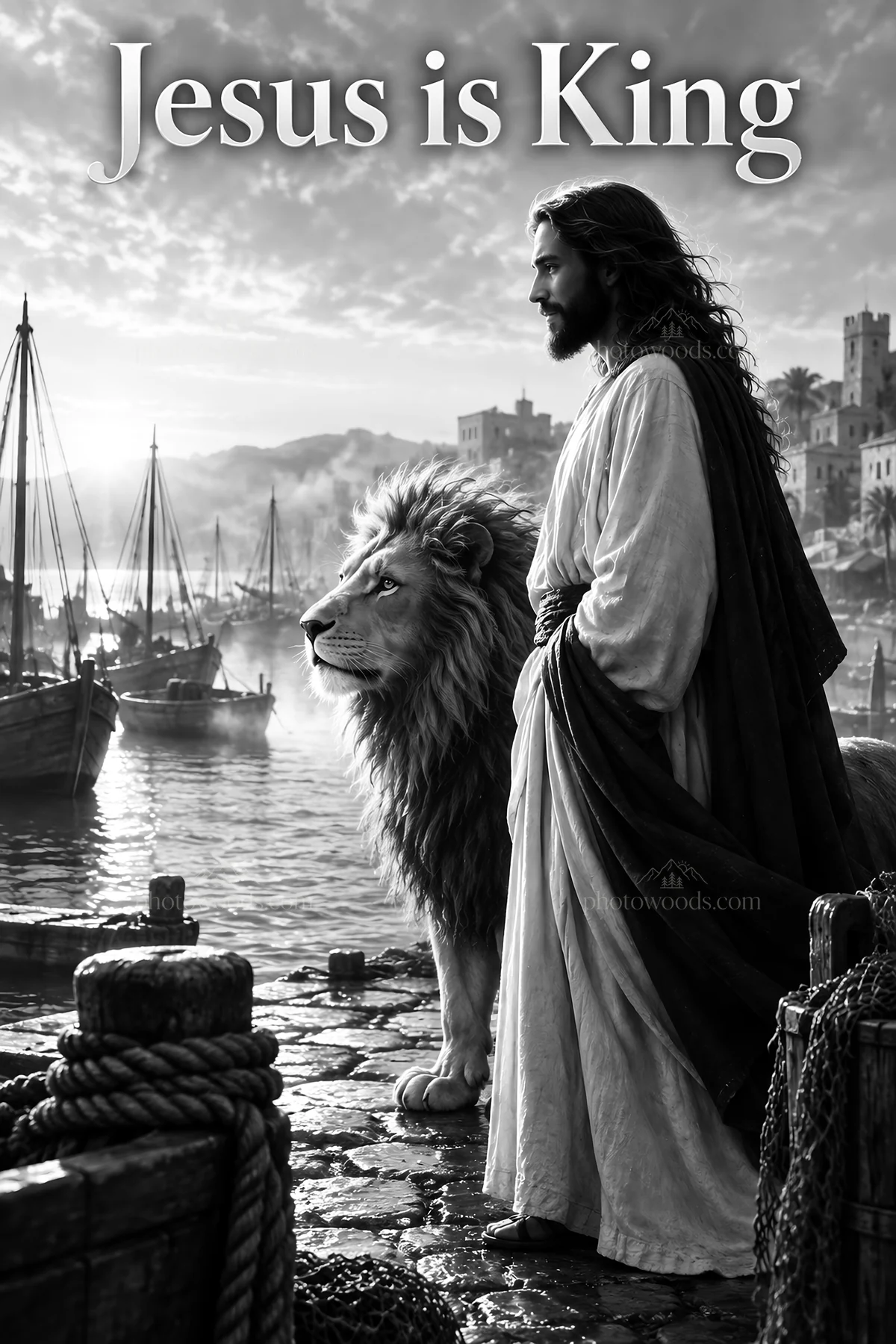 Jesus Christ with a lion by the waterfront - AI-generated stock image