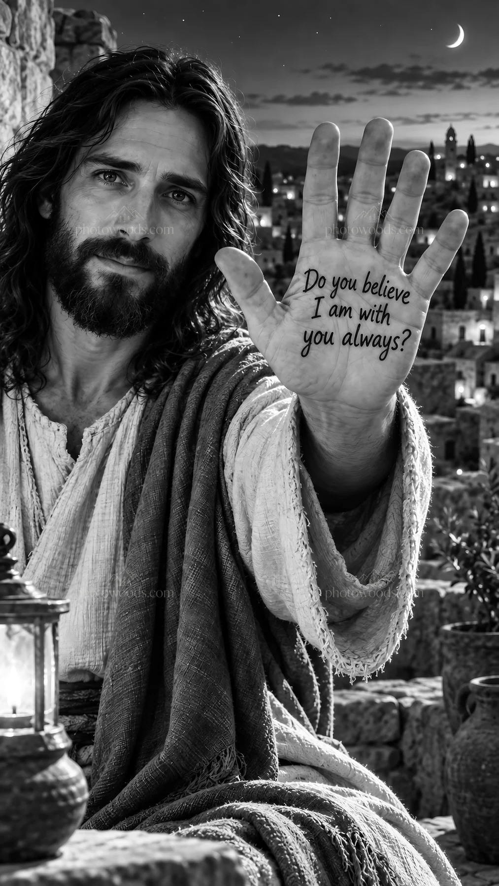 Jesus Christ asking if you believe he is with you always - AI-generated stock image