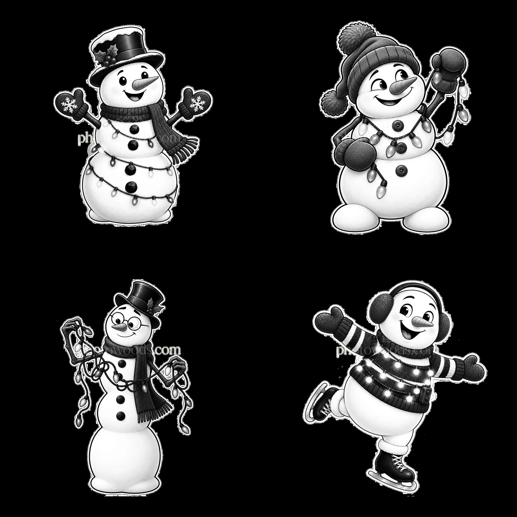 Snowman characters with string lights in a square layout - AI-generated stock image