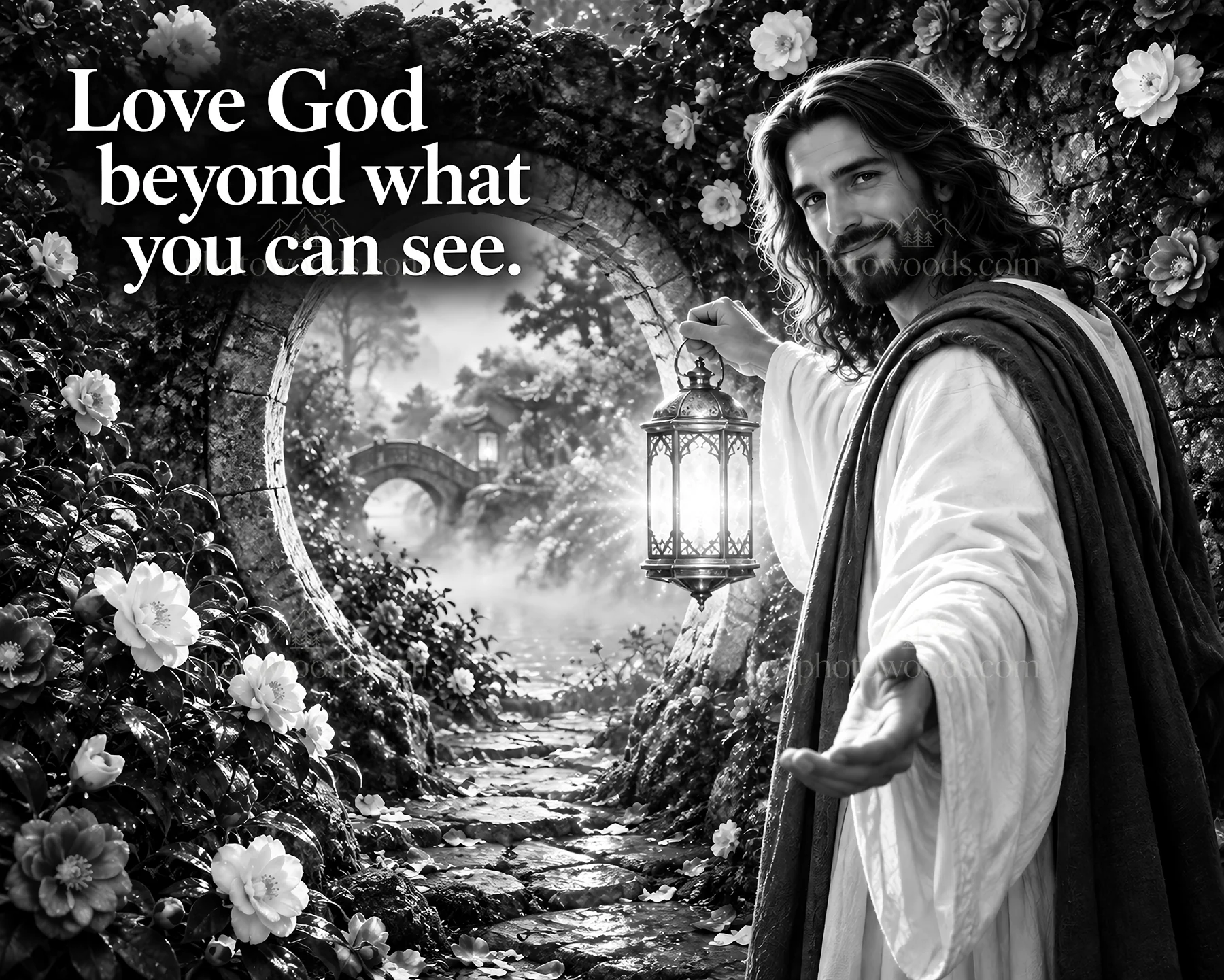 Jesus Christ inviting with a lantern in a floral pathway - AI-generated stock image