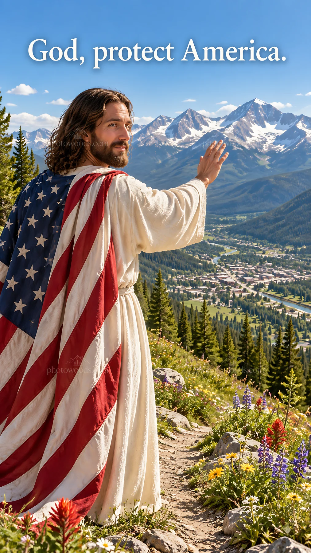 Jesus Christ blessing the landscape of America - AI-generated stock image