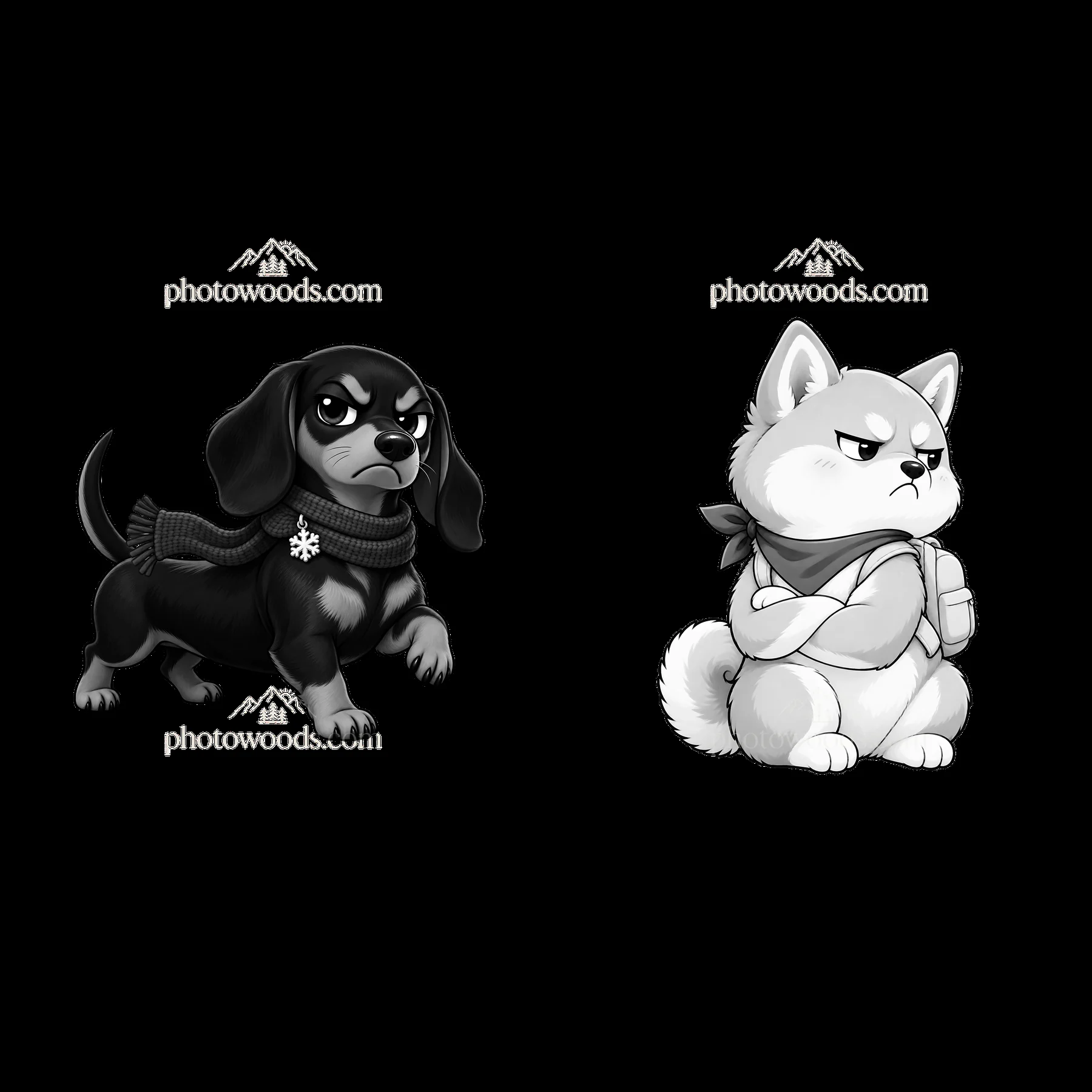 Kawaii grumpy dog duo with scarves in black and white - AI-generated stock image