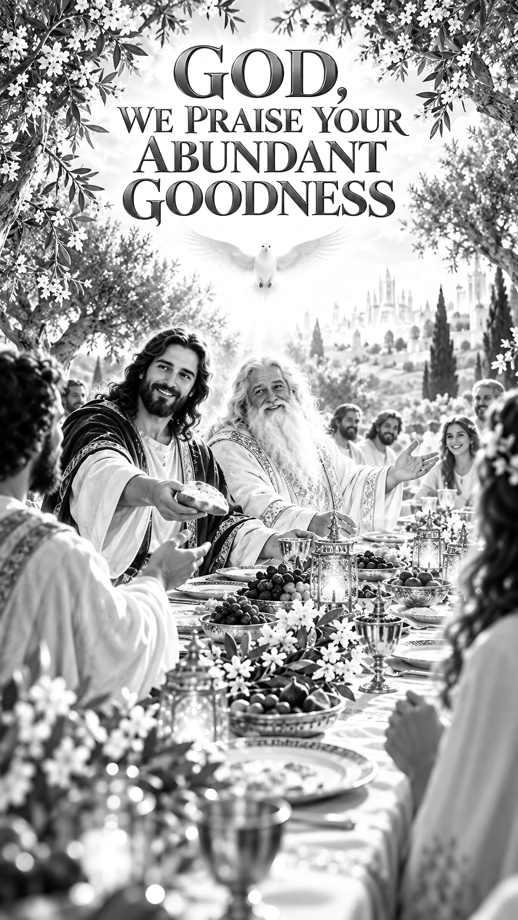 Jesus Christ sharing a meal with followers - AI-generated stock image