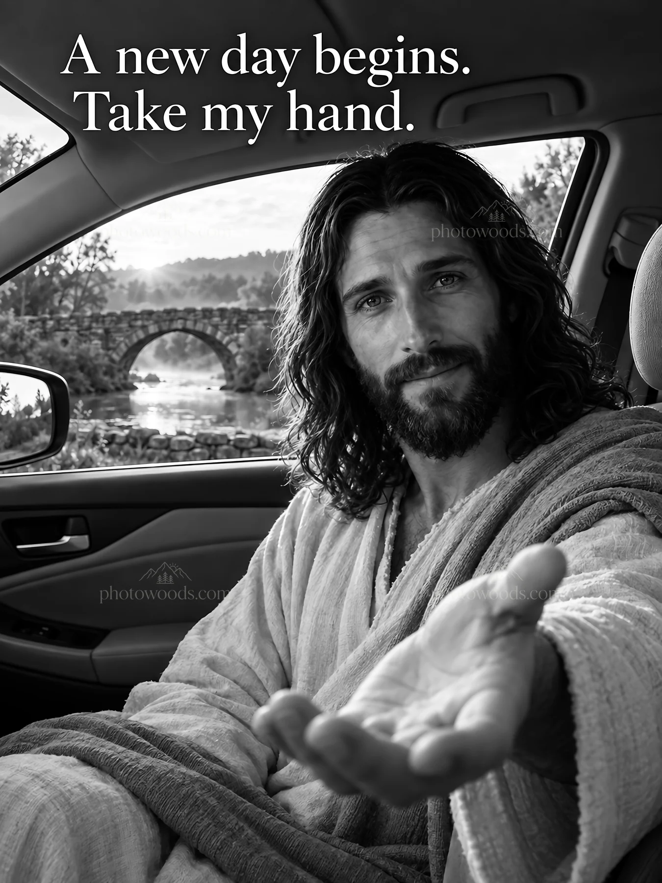 Jesus Christ inviting a new beginning from a car - AI-generated stock image