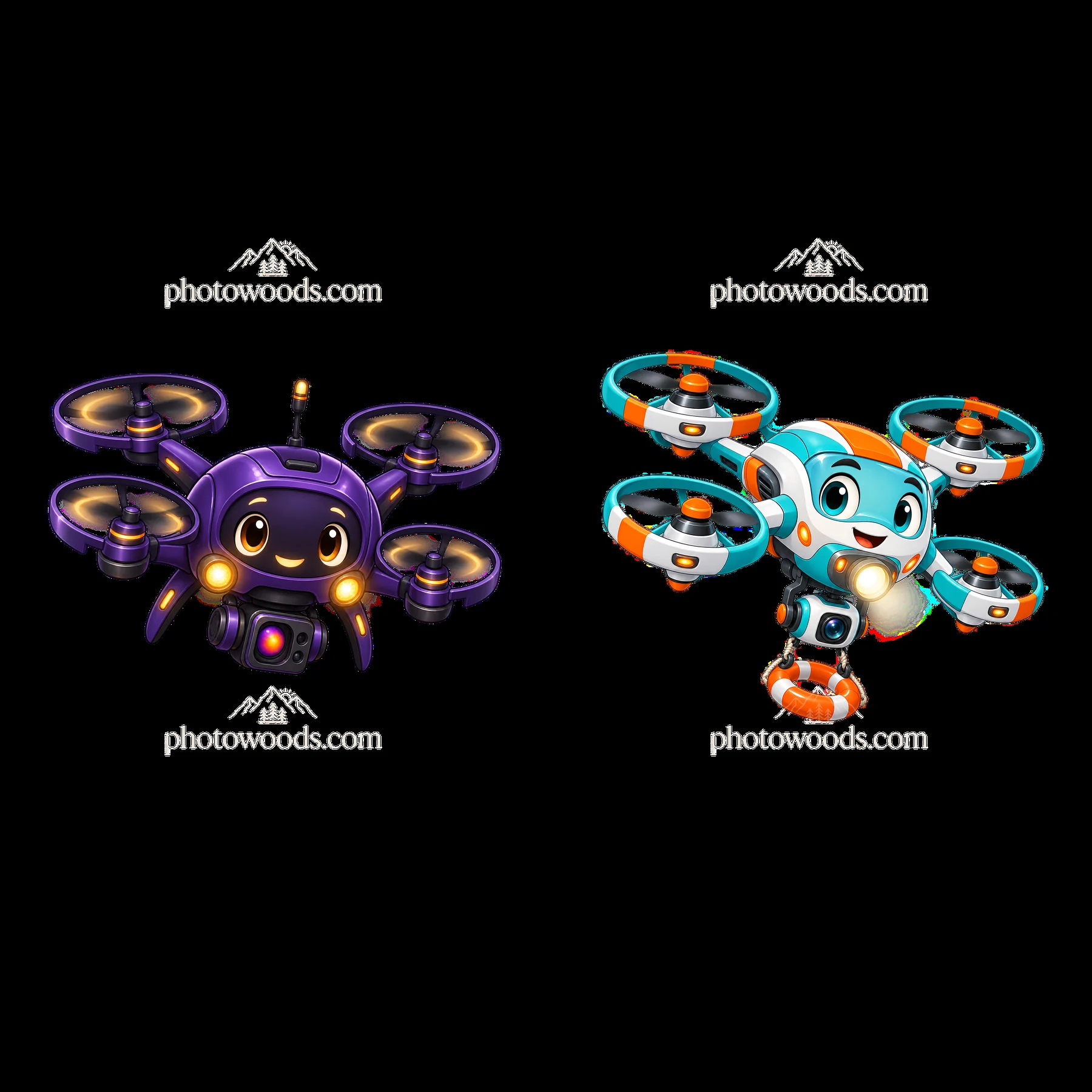 Two cartoon drones with happy faces flying in the sky - AI-generated stock image