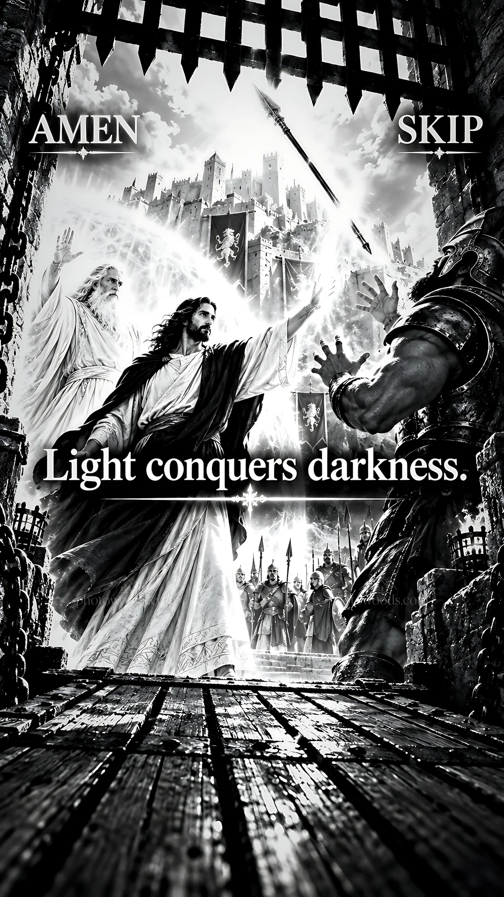 Jesus Christ bringing light and hope to the darkness - AI-generated stock image