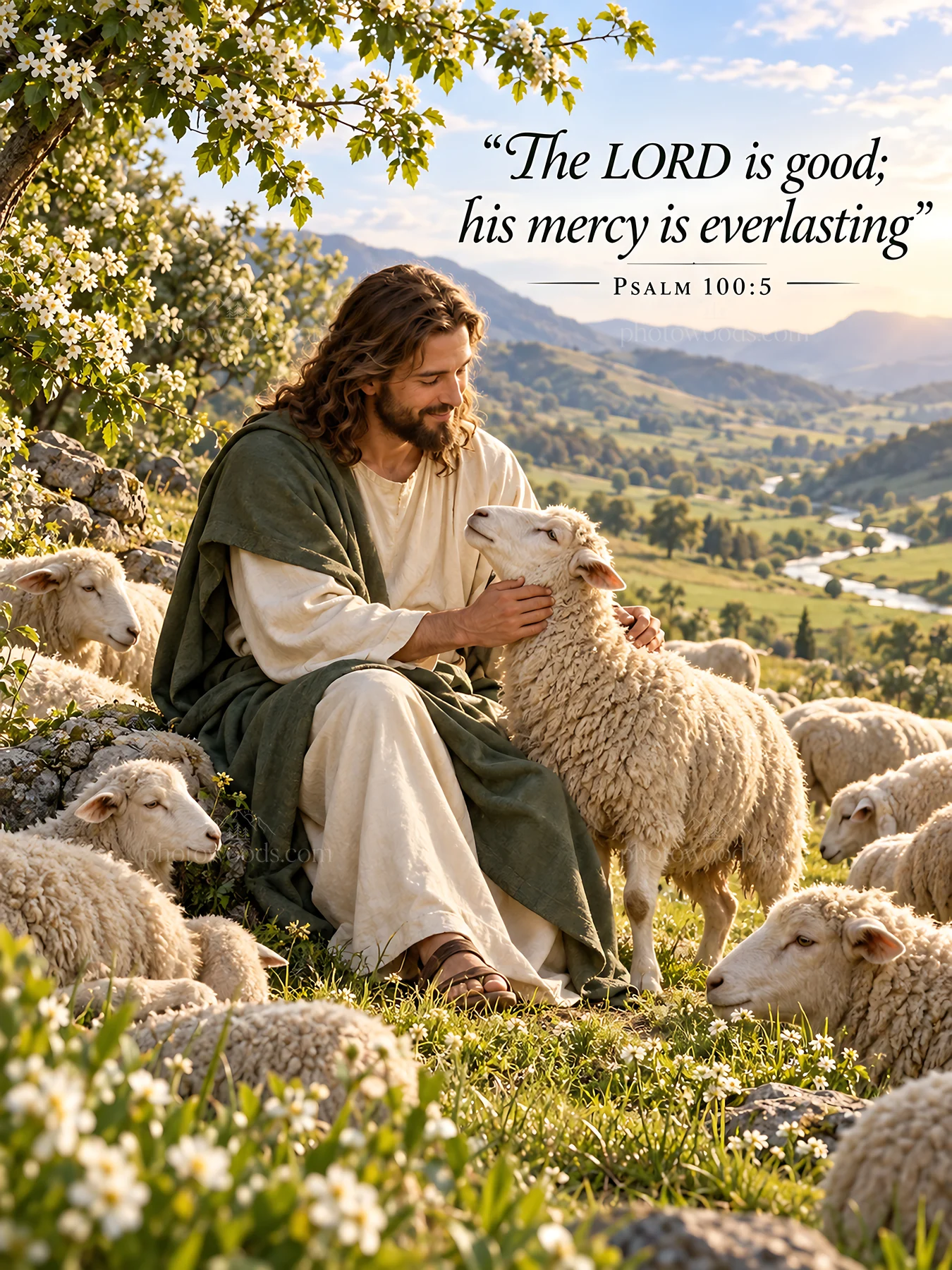 Jesus Christ caring for sheep in a lush field - AI-generated stock image
