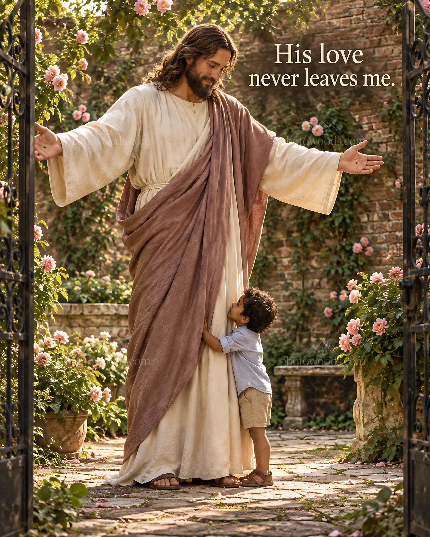 Jesus Christ embraces a child in a garden setting - AI-generated stock image