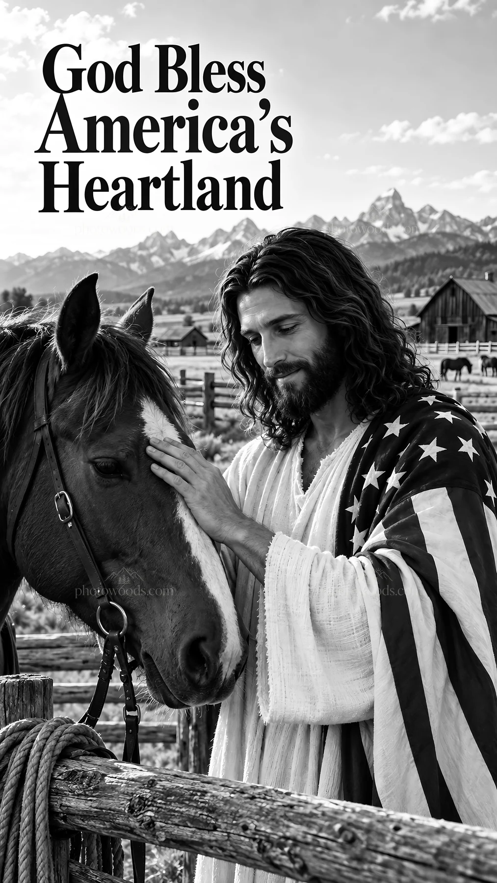 Jesus Christ comforting a horse in the heartland - AI-generated stock image