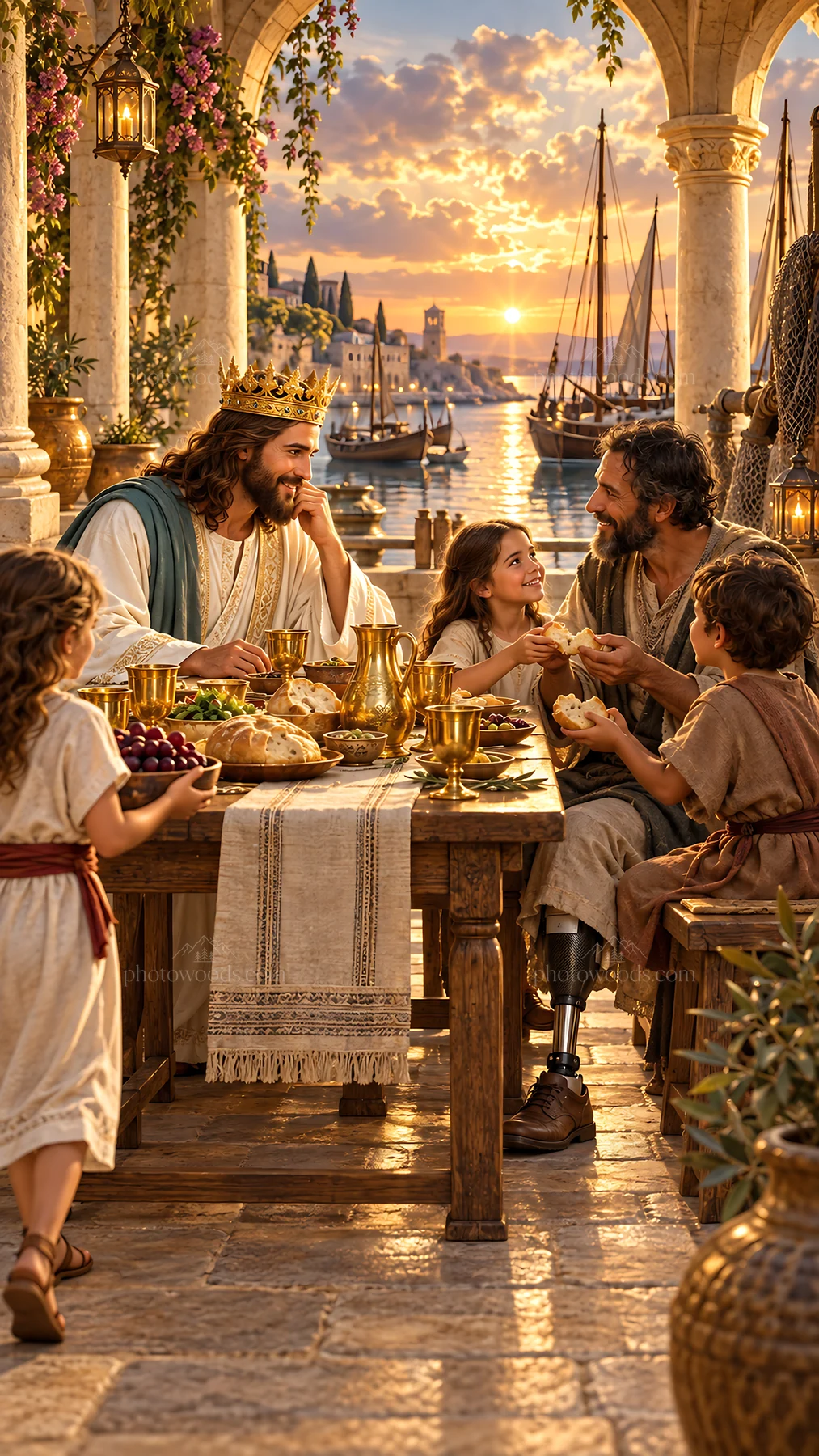 Jesus Christ sharing a meal with children by the water - AI-generated stock image