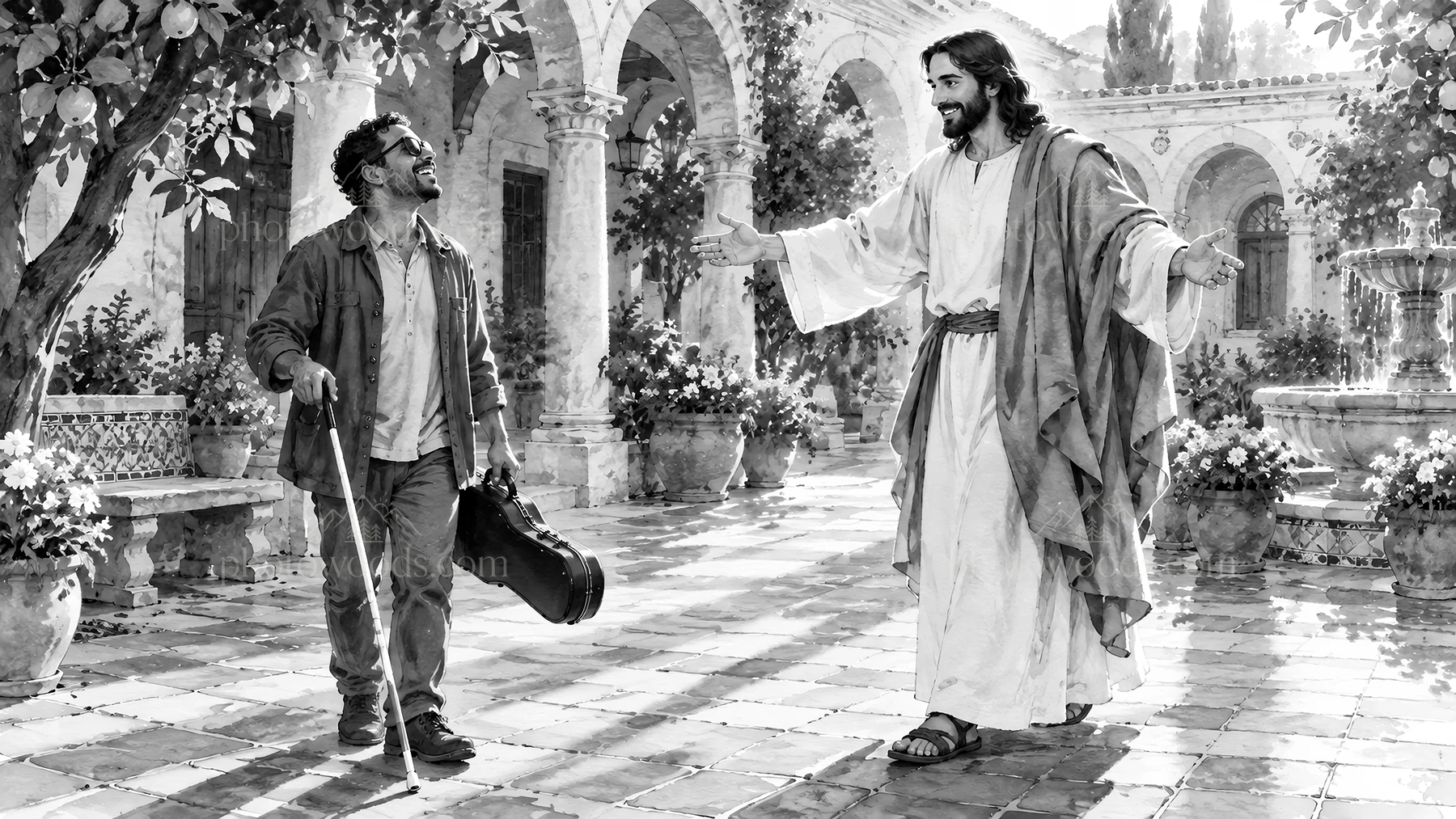 Jesus Christ welcoming a person in a garden setting - AI-generated stock image