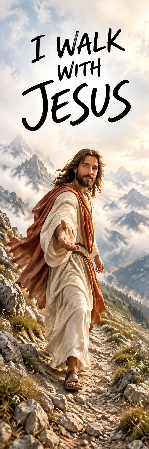 Jesus Christ walking along a mountain path - AI-generated stock image