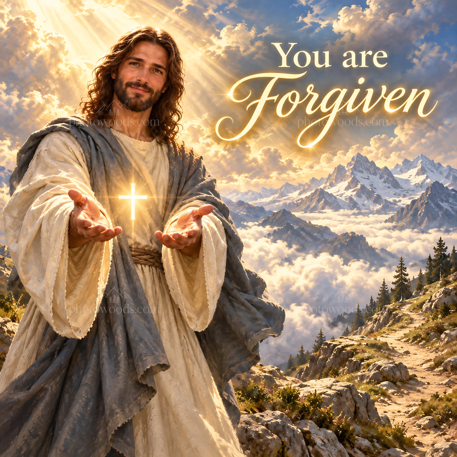 Jesus Christ welcoming with open hands and message of forgiveness - AI-generated stock image