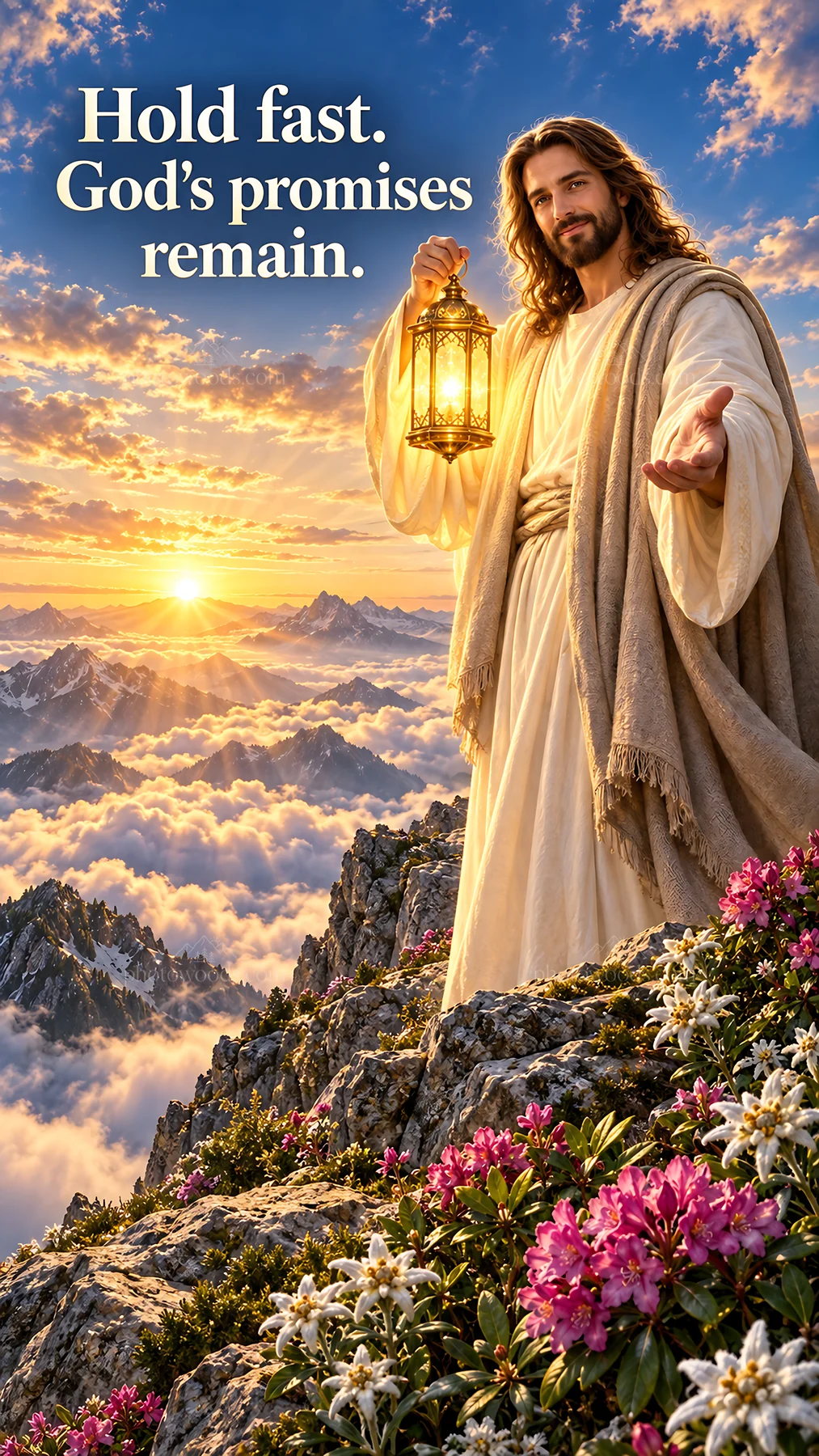 Jesus Christ holds lantern among mountains at sunrise - AI-generated stock image