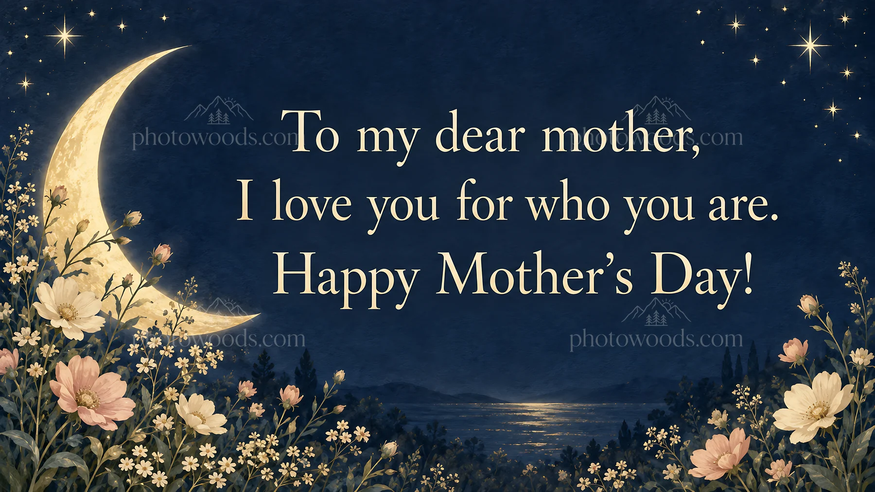 Mother's Day greeting beneath a floral crescent moon - AI-generated stock image
