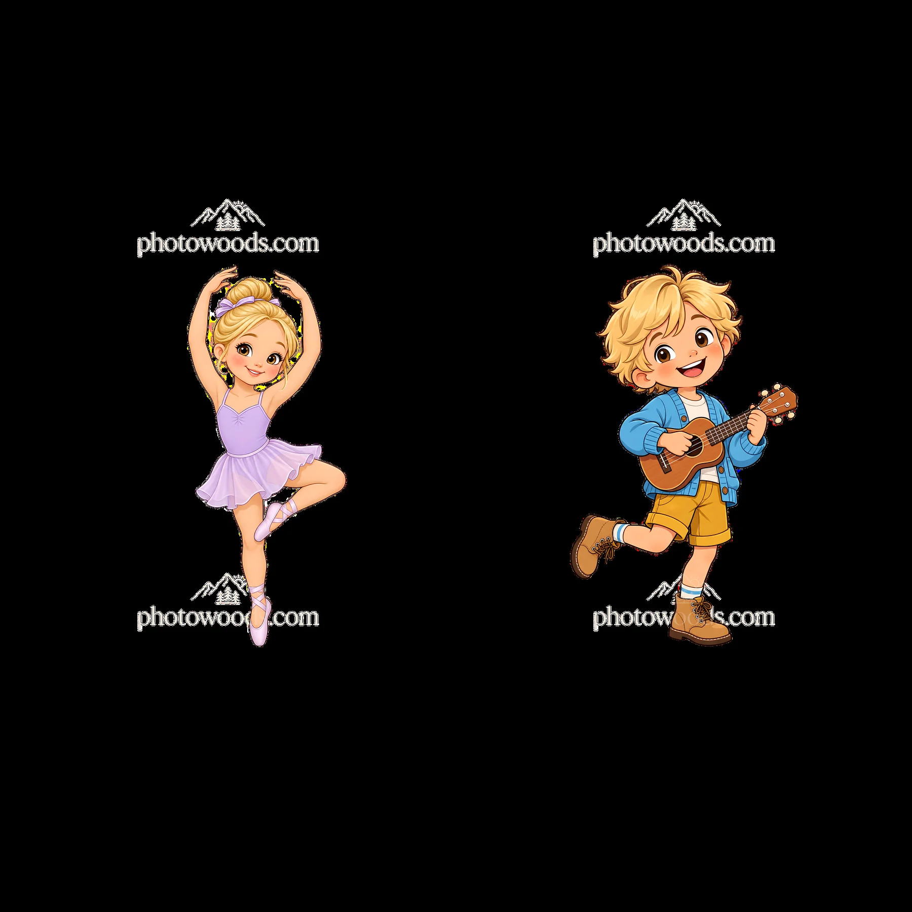 Blond child dancer and musician cartoon sticker pair - AI-generated stock image