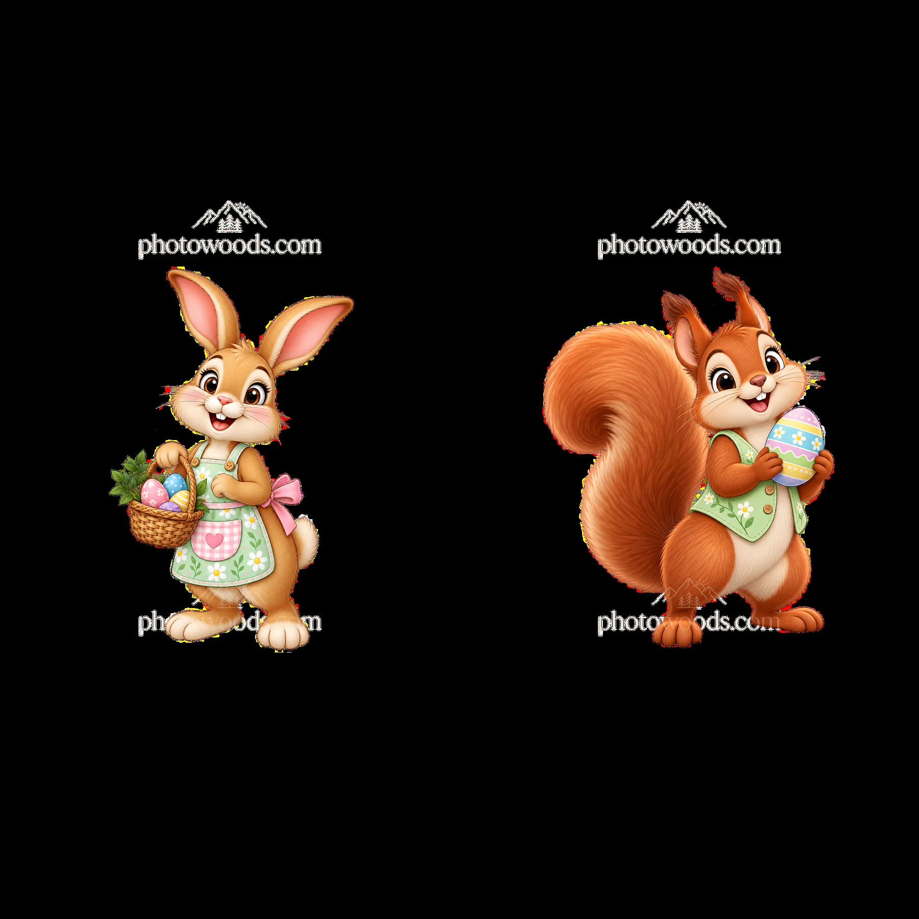 Bunny and squirrel with Easter basket and egg in a meadow - AI-generated stock image