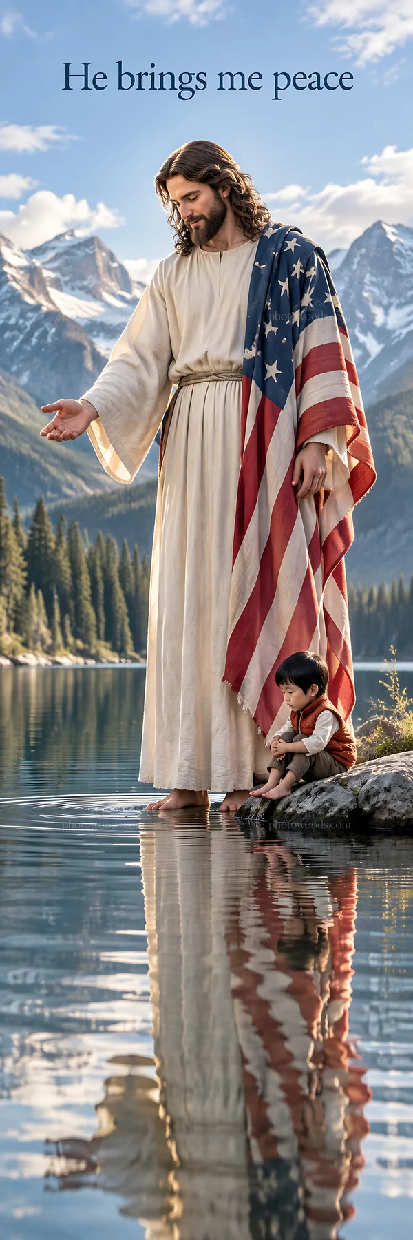 Jesus Christ comforting a child by the water - AI-generated stock image