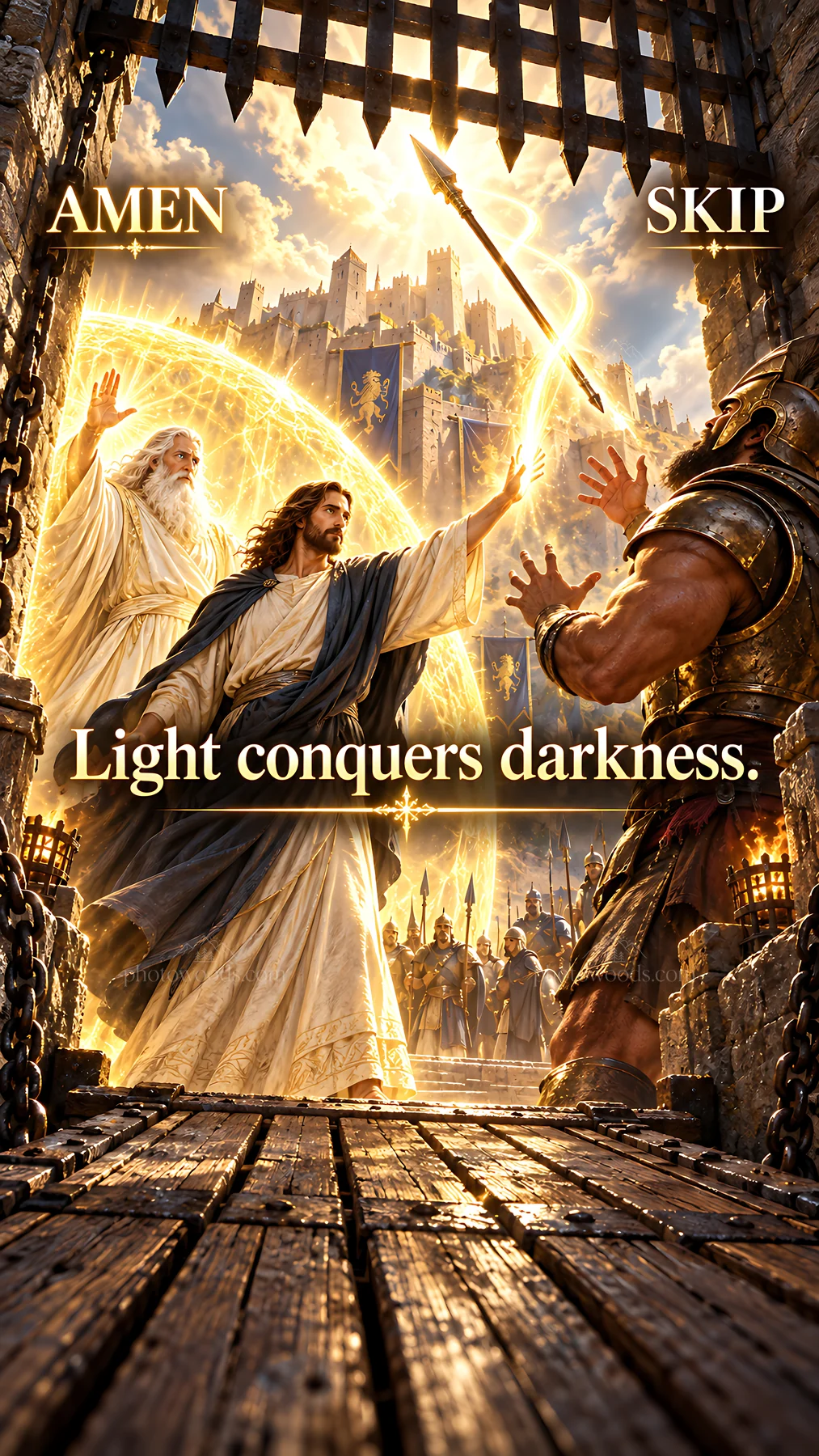 Jesus Christ brings light to the battle against darkness - AI-generated stock image