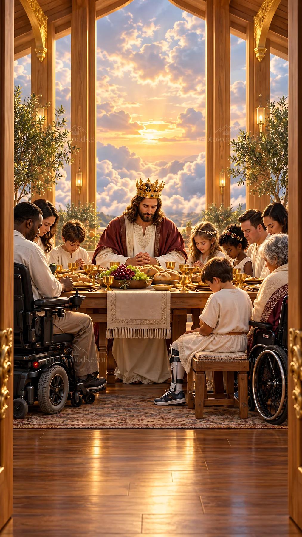 Jesus Christ sharing a meal with a diverse group of people - AI-generated stock image