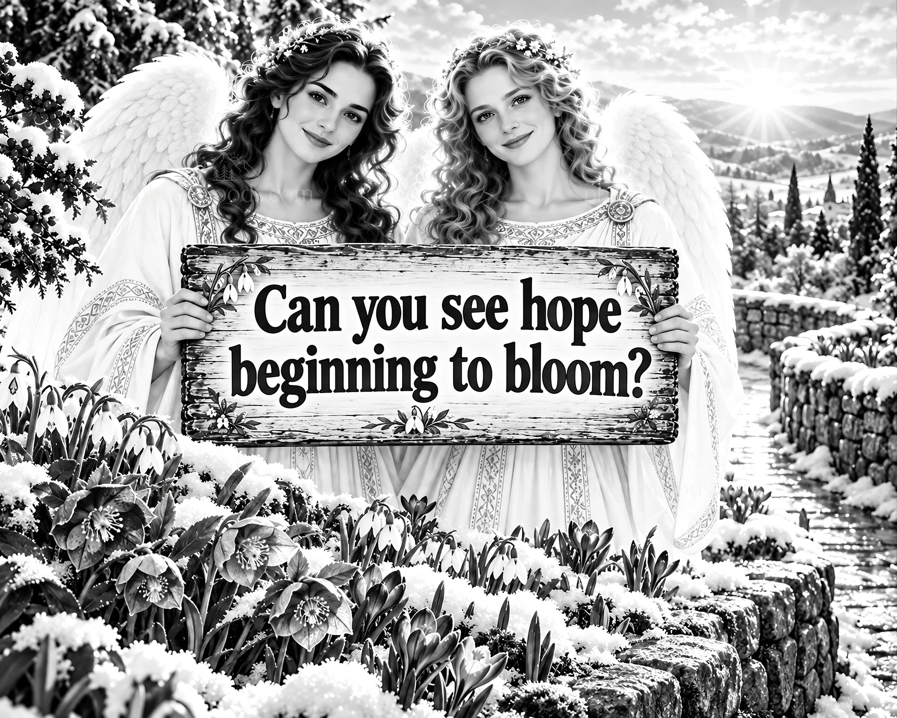Jesus Christ brings hope in a garden with blooming flowers - AI-generated stock image