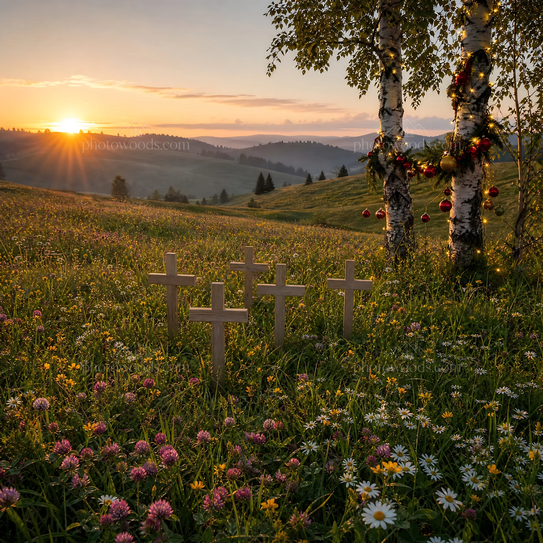 Christian crosses in a meadow during sunrise with light rays - AI-generated stock image