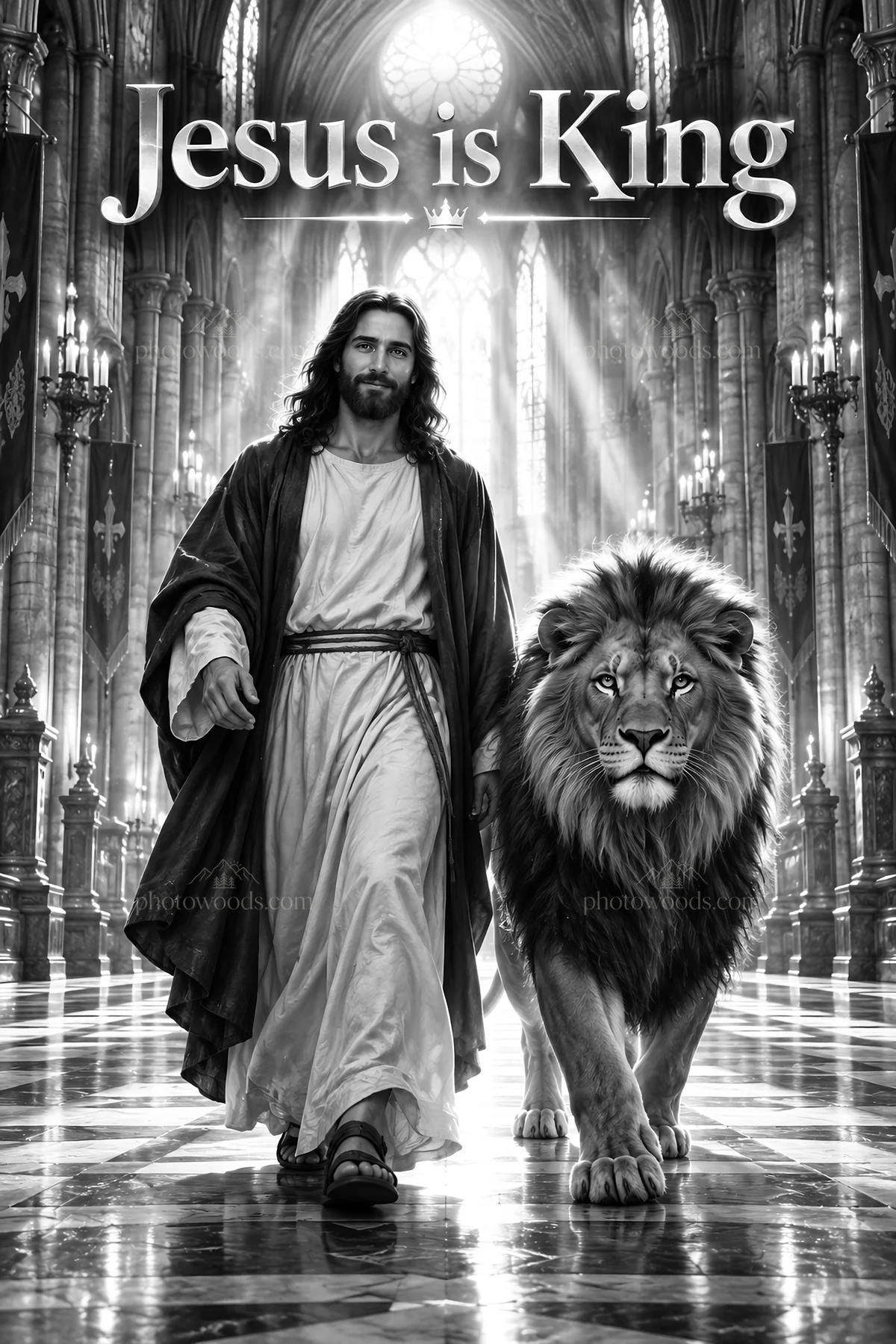Jesus Christ walking with a lion in a grand hall - AI-generated stock image