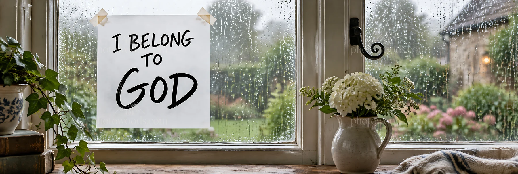 Jesus Christ message of belonging to God in a rainy setting - AI-generated stock image